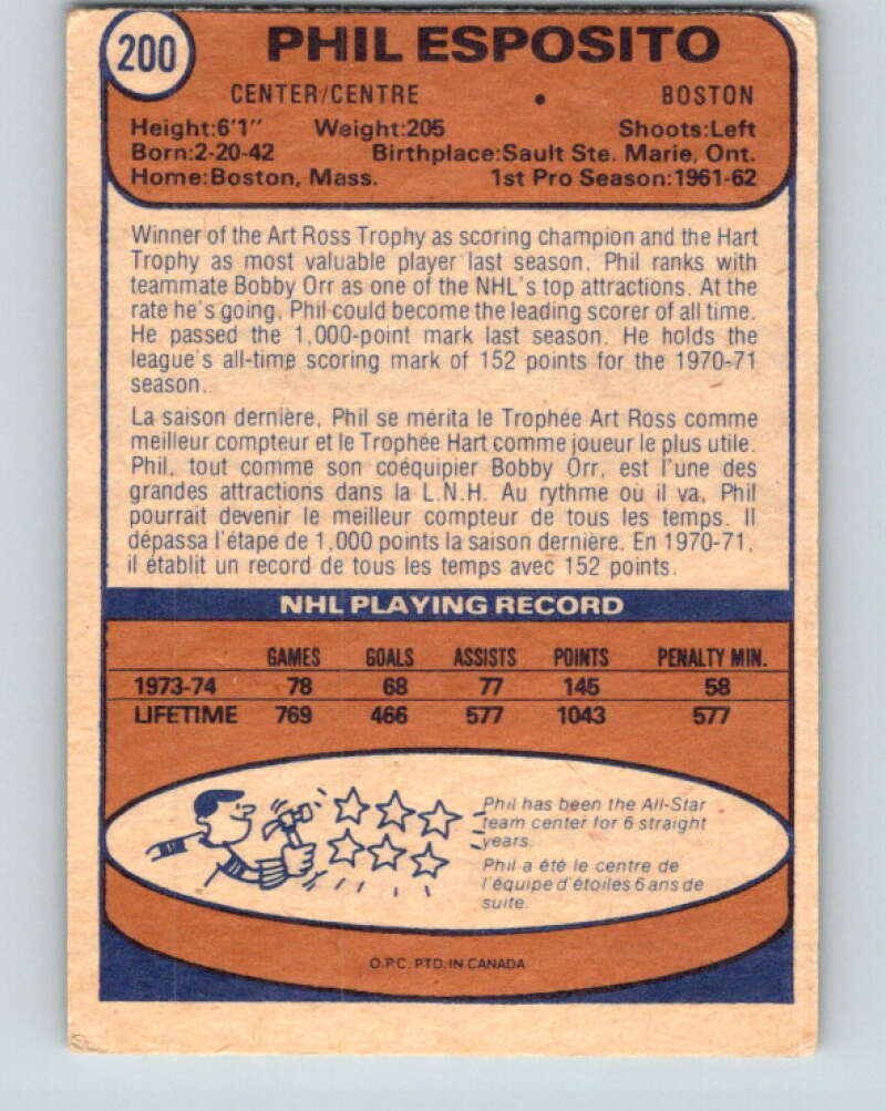 1974-75 O-Pee-Chee #200 Phil Esposito  Boston Bruins  V4696
