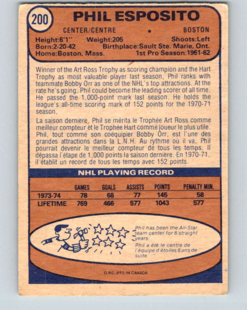 1974-75 O-Pee-Chee #200 Phil Esposito  Boston Bruins  V4697