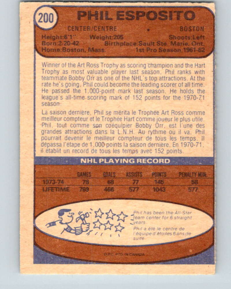 1974-75 O-Pee-Chee #200 Phil Esposito  Boston Bruins  V4699