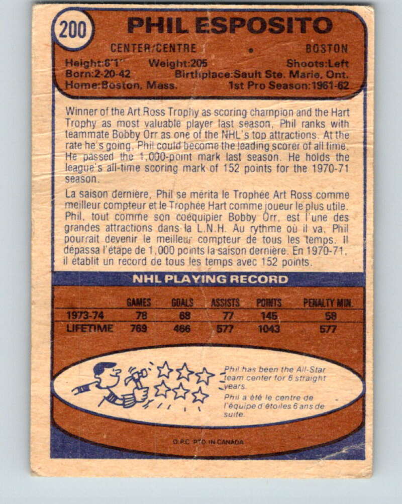 1974-75 O-Pee-Chee #200 Phil Esposito  Boston Bruins  V4702