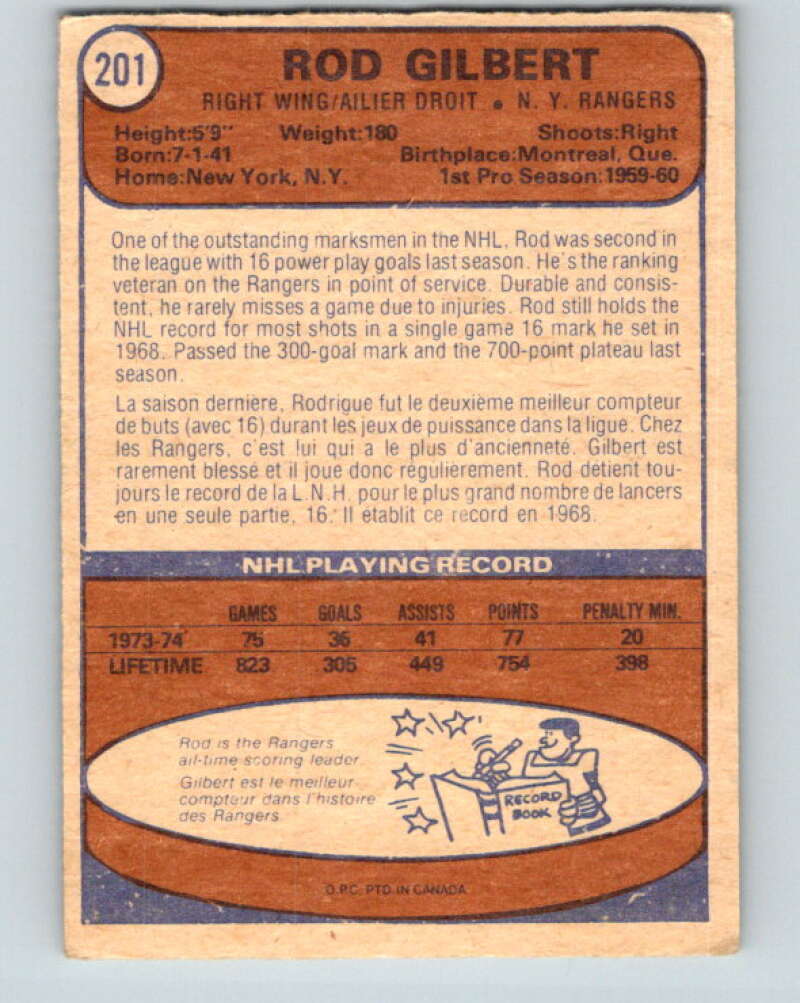 1974-75 O-Pee-Chee #201 Rod Gilbert  New York Rangers  V4704