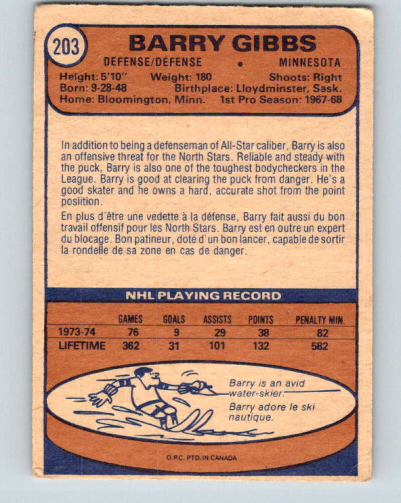 1974-75 O-Pee-Chee #203 Barry Gibbs  Minnesota North Stars  V4706