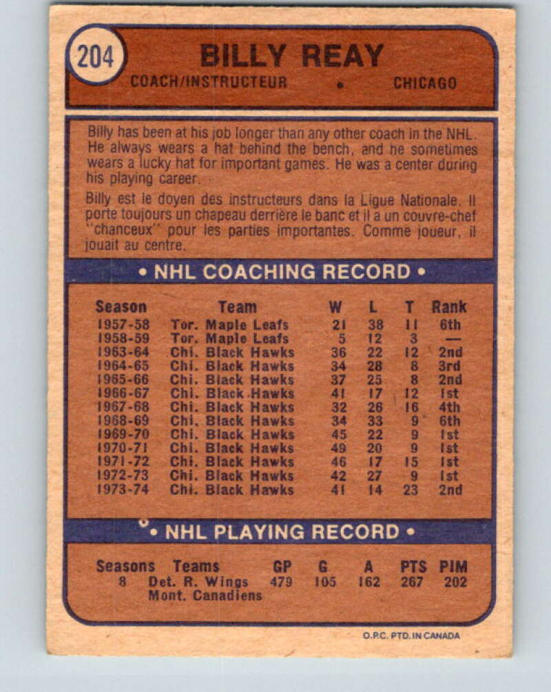 1974-75 O-Pee-Chee #204 Billy Reay CO  Chicago Blackhawks  V4709
