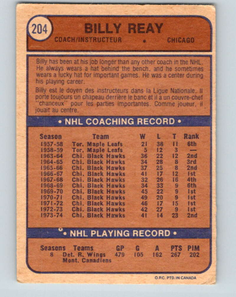 1974-75 O-Pee-Chee #204 Billy Reay CO  Chicago Blackhawks  V4710