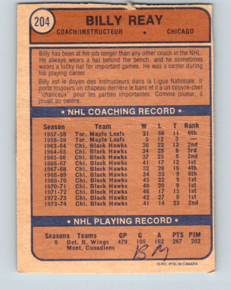 1974-75 O-Pee-Chee #204 Billy Reay CO  Chicago Blackhawks  V4711