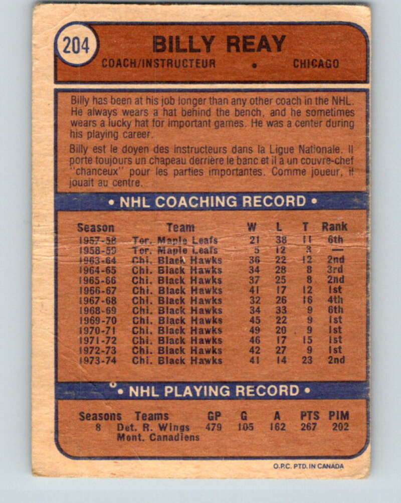 1974-75 O-Pee-Chee #204 Billy Reay CO  Chicago Blackhawks  V4712