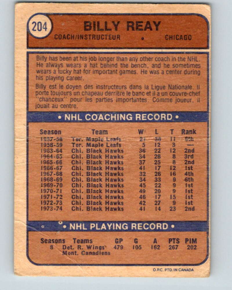 1974-75 O-Pee-Chee #204 Billy Reay CO  Chicago Blackhawks  V4714