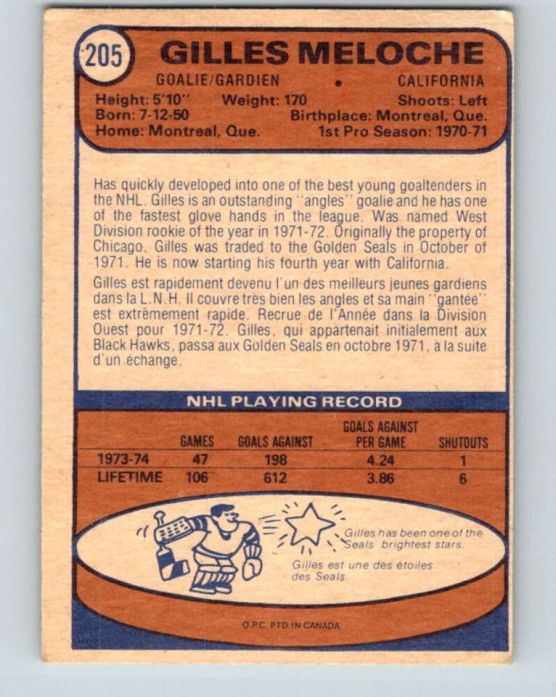 1974-75 O-Pee-Chee #205 Gilles Meloche  California Golden Seals  V4716