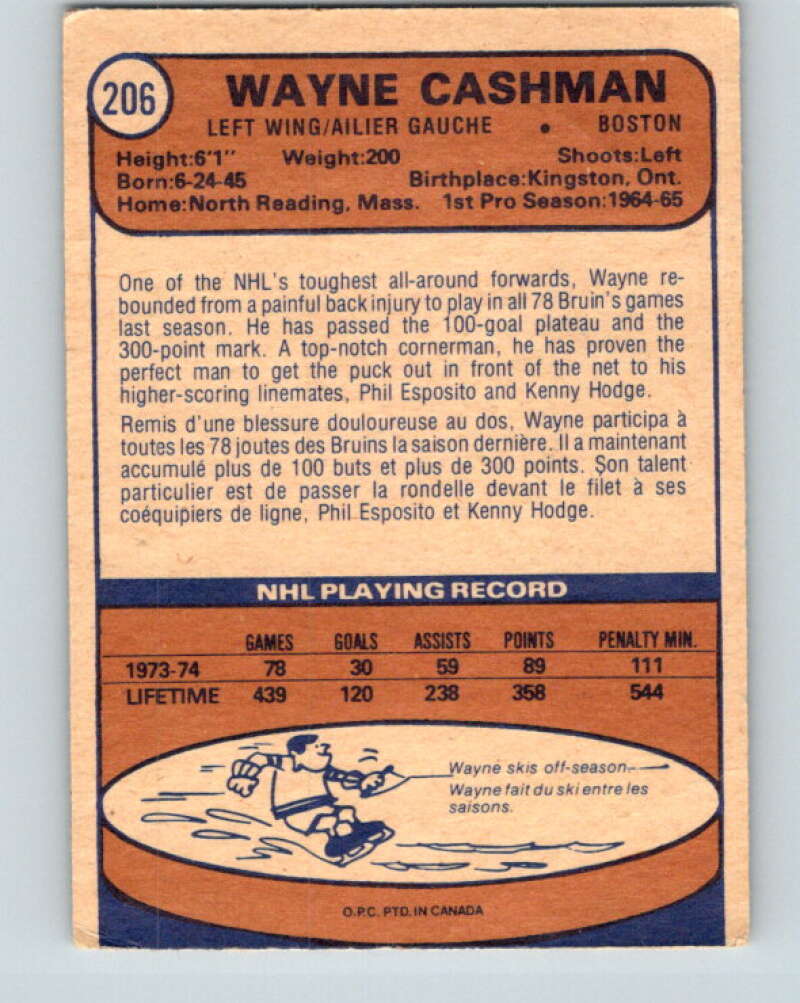 1974-75 O-Pee-Chee #206 Wayne Cashman  Boston Bruins  V4720