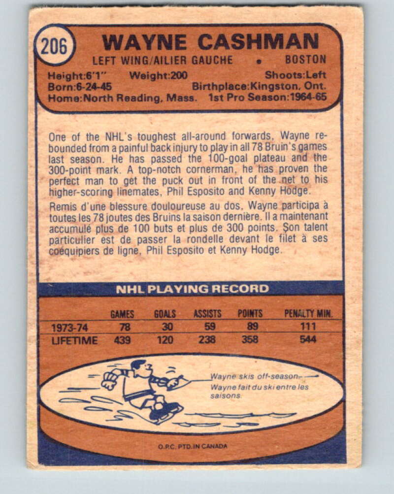 1974-75 O-Pee-Chee #206 Wayne Cashman  Boston Bruins  V4722