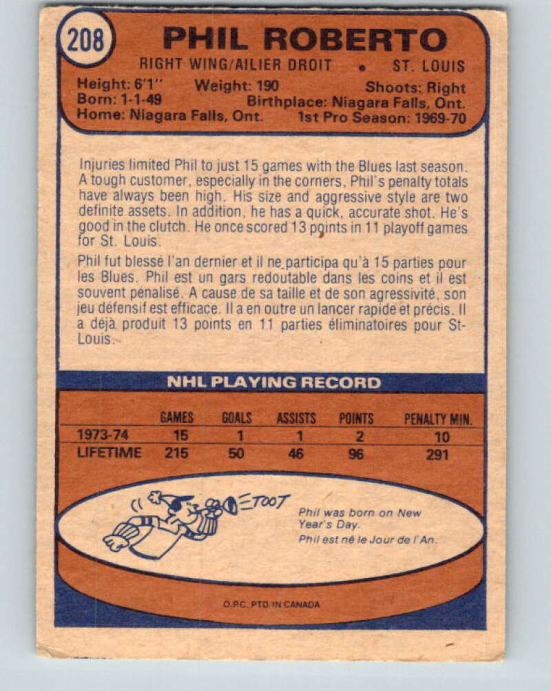 1974-75 O-Pee-Chee #208 Phil Roberto  St. Louis Blues  V4727