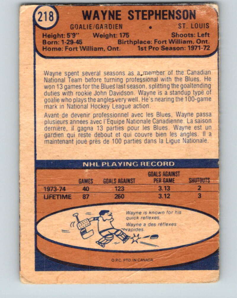 1974-75 O-Pee-Chee #218 Wayne Stephenson  St. Louis Blues  V4758