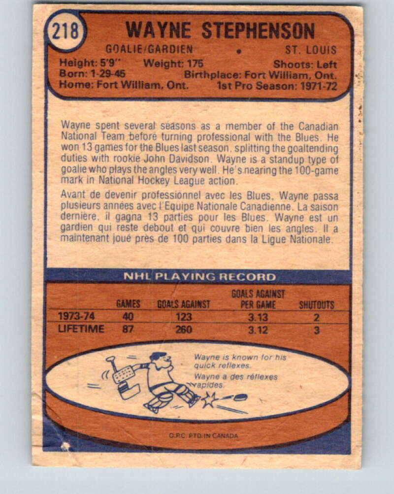 1974-75 O-Pee-Chee #218 Wayne Stephenson  St. Louis Blues  V4759