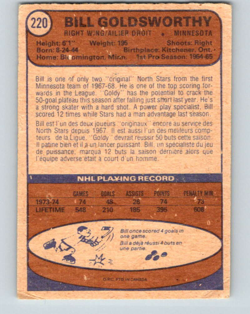 1974-75 O-Pee-Chee #220 Bill Goldsworthy  Minnesota North Stars  V4764