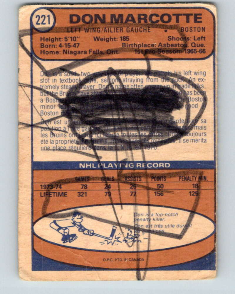 1974-75 O-Pee-Chee #221 Don Marcotte  Boston Bruins  V4766