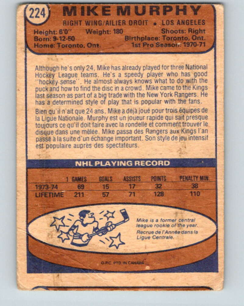 1974-75 O-Pee-Chee #224 Mike Murphy  Los Angeles Kings  V4776