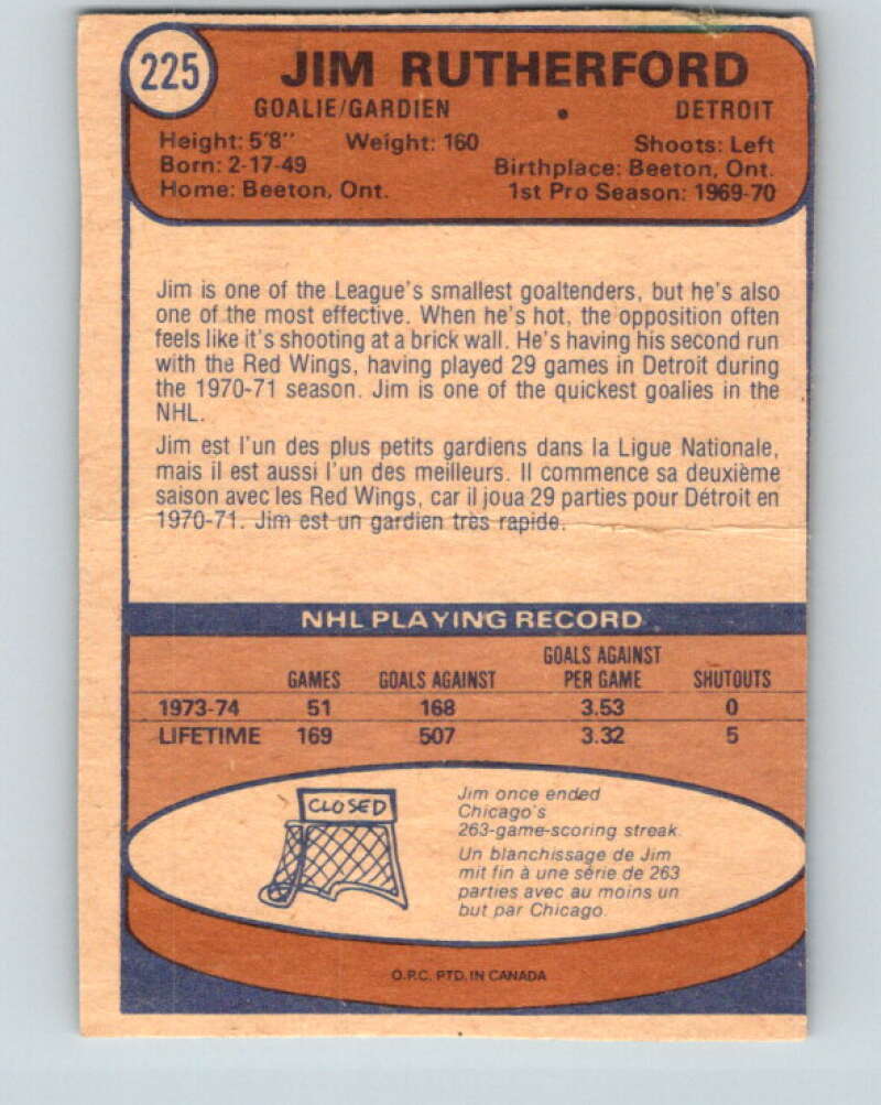 1974-75 O-Pee-Chee #225 Jim Rutherford  Detroit Red Wings  V4778