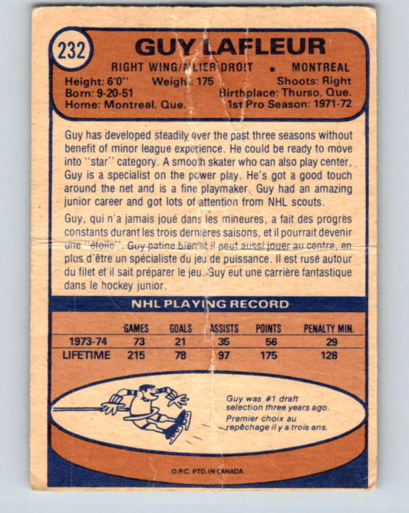 1974-75 O-Pee-Chee #232 Guy Lafleur  Montreal Canadiens  V4806