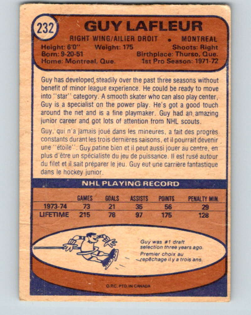 1974-75 O-Pee-Chee #232 Guy Lafleur  Montreal Canadiens  V4807