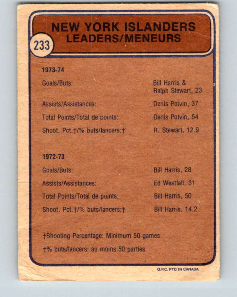 1974-75 O-Pee-Chee #233 Denis Potvin UER  New York Islanders  V4809