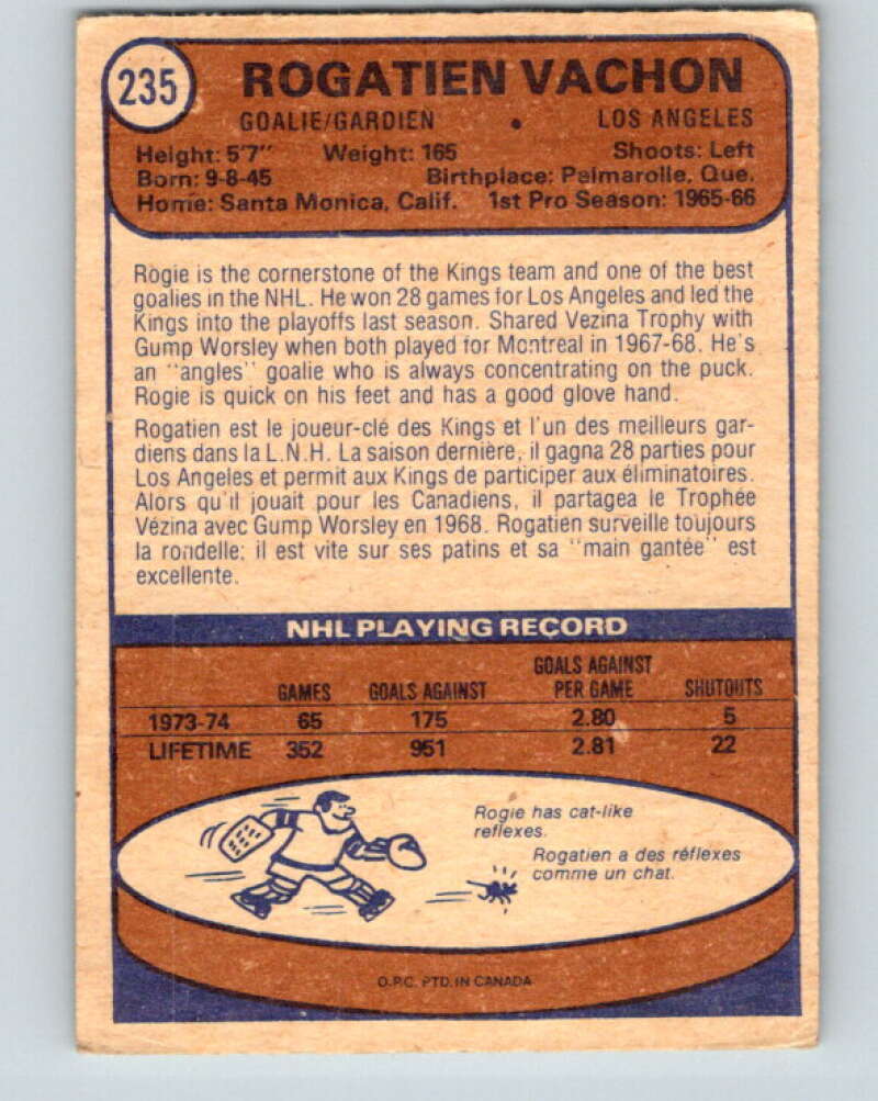 1974-75 O-Pee-Chee #235 Rogie Vachon  Los Angeles Kings  V4812