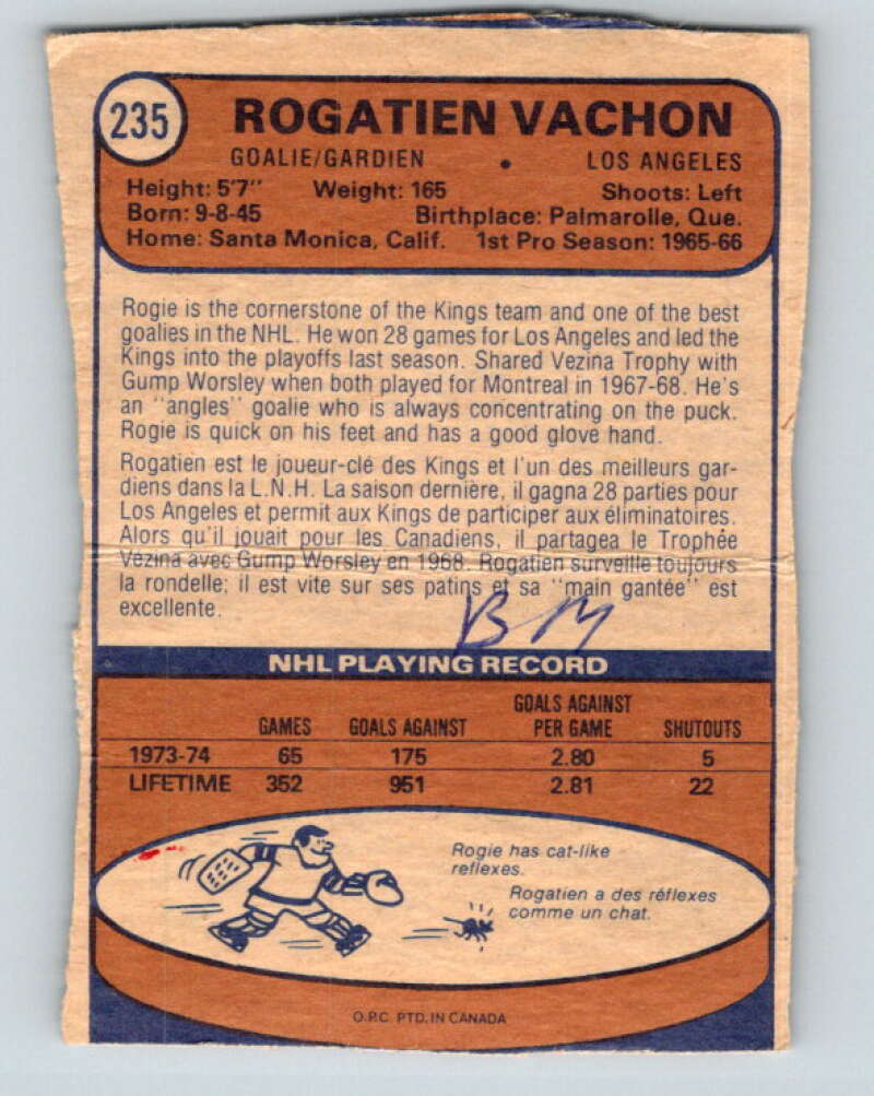 1974-75 O-Pee-Chee #235 Rogie Vachon  Los Angeles Kings  V4815
