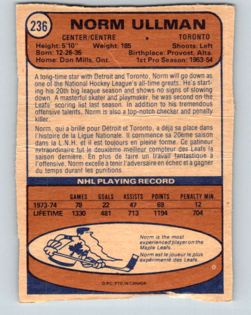 1974-75 O-Pee-Chee #236 Norm Ullman  Toronto Maple Leafs  V4817