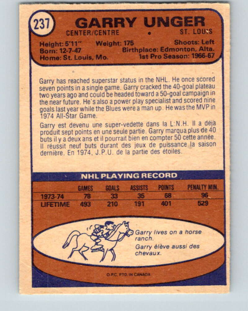 1974-75 O-Pee-Chee #237 Garry Unger  St. Louis Blues  V4820