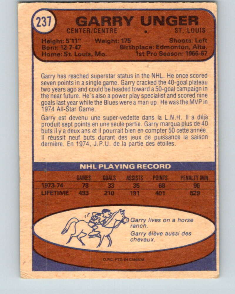1974-75 O-Pee-Chee #237 Garry Unger  St. Louis Blues  V4821