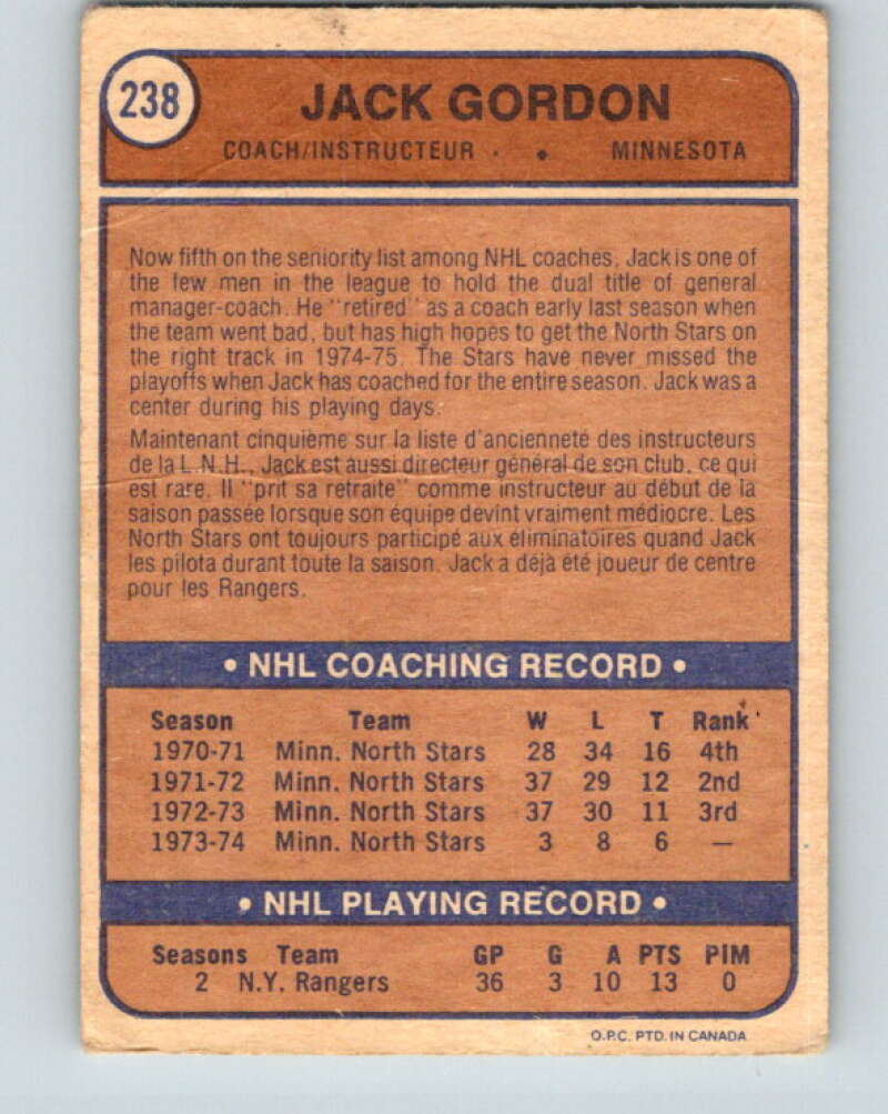 1974-75 O-Pee-Chee #238 Jack Gordon CO  RC Rookie Minnesota North Stars  V4826
