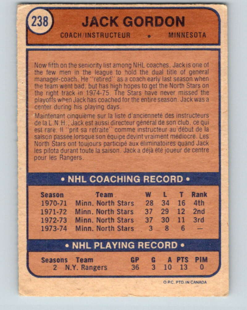 1974-75 O-Pee-Chee #238 Jack Gordon CO  RC Rookie Minnesota North Stars  V4827