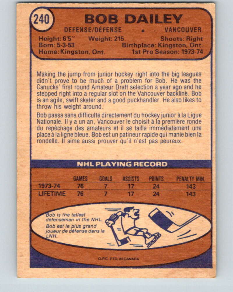 1974-75 O-Pee-Chee #240 Bob Dailey  RC Rookie Vancouver Canucks  V4833