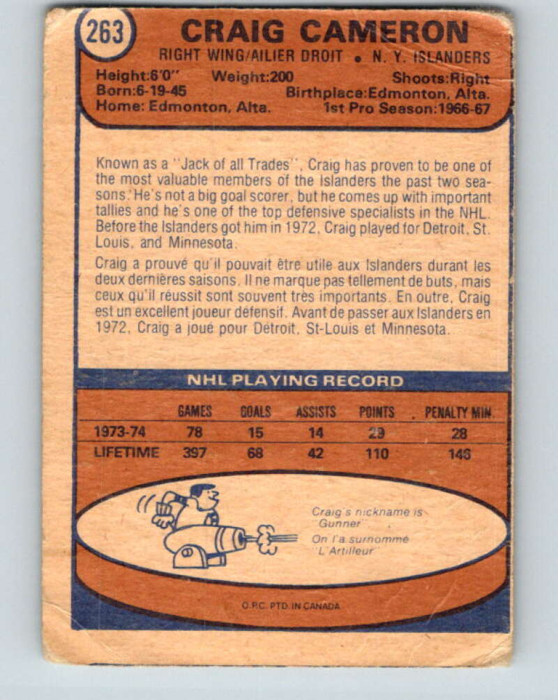 1974-75 O-Pee-Chee #263 Craig Cameron  New York Islanders  V4879