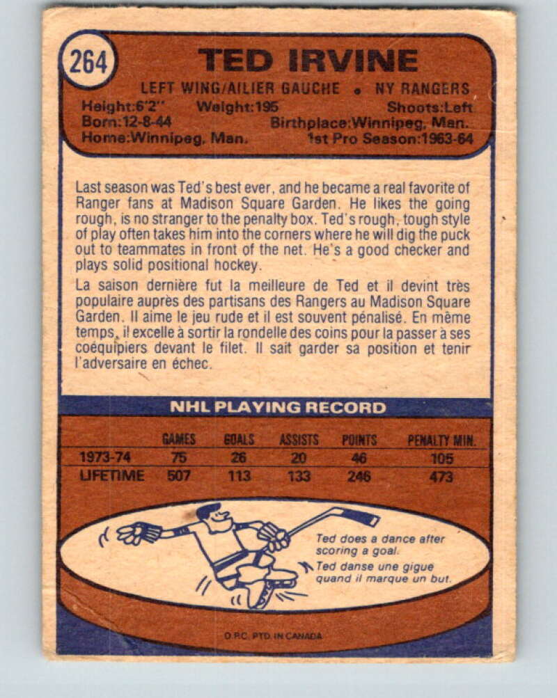 1974-75 O-Pee-Chee #264 Ted Irvine  New York Rangers  V4881