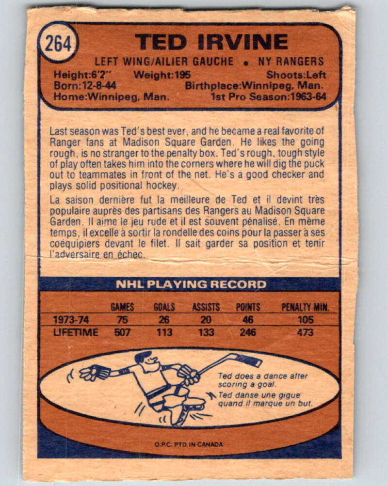 1974-75 O-Pee-Chee #264 Ted Irvine  New York Rangers  V4882