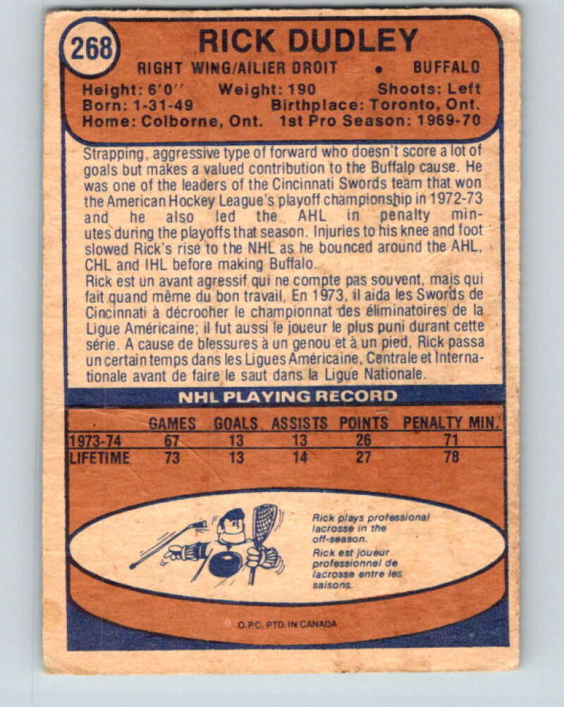 1974-75 O-Pee-Chee #268 Rick Dudley  RC Rookie Buffalo Sabres  V4886