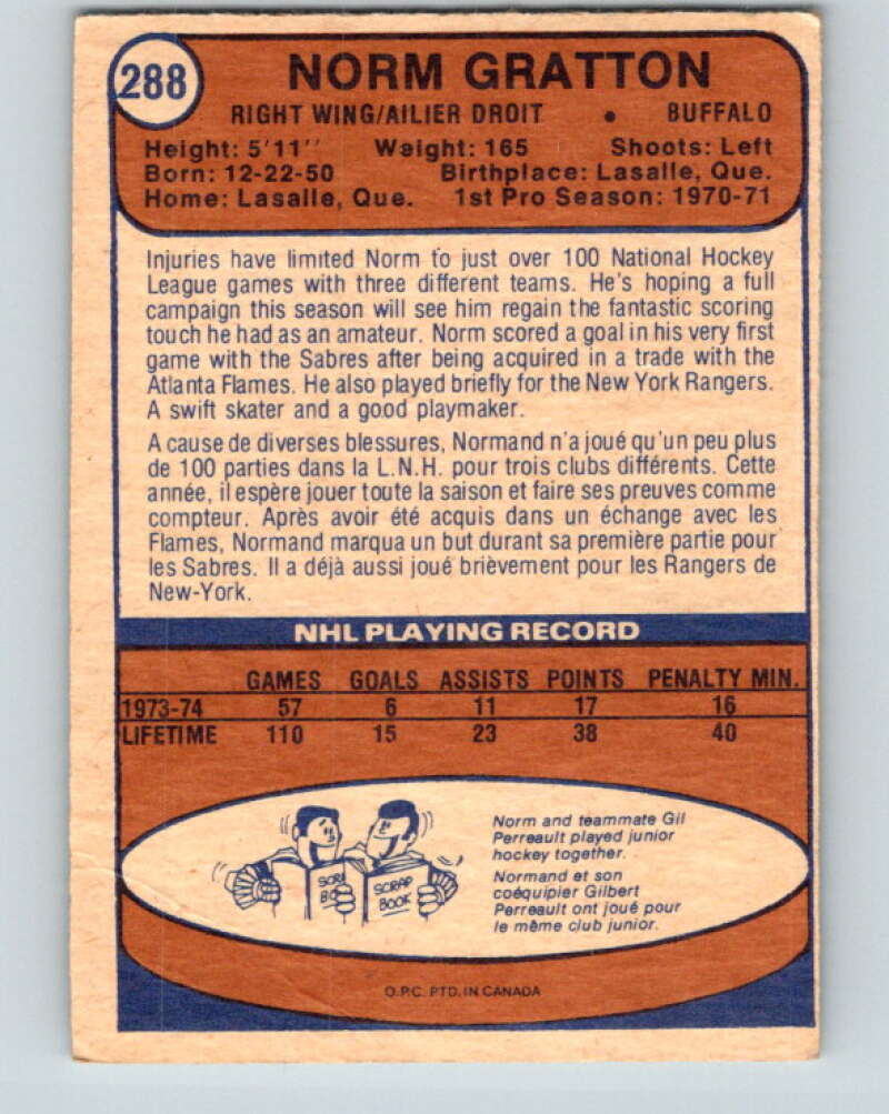 1974-75 O-Pee-Chee #288 Norm Gratton  RC Rookie Buffalo Sabres  V4927