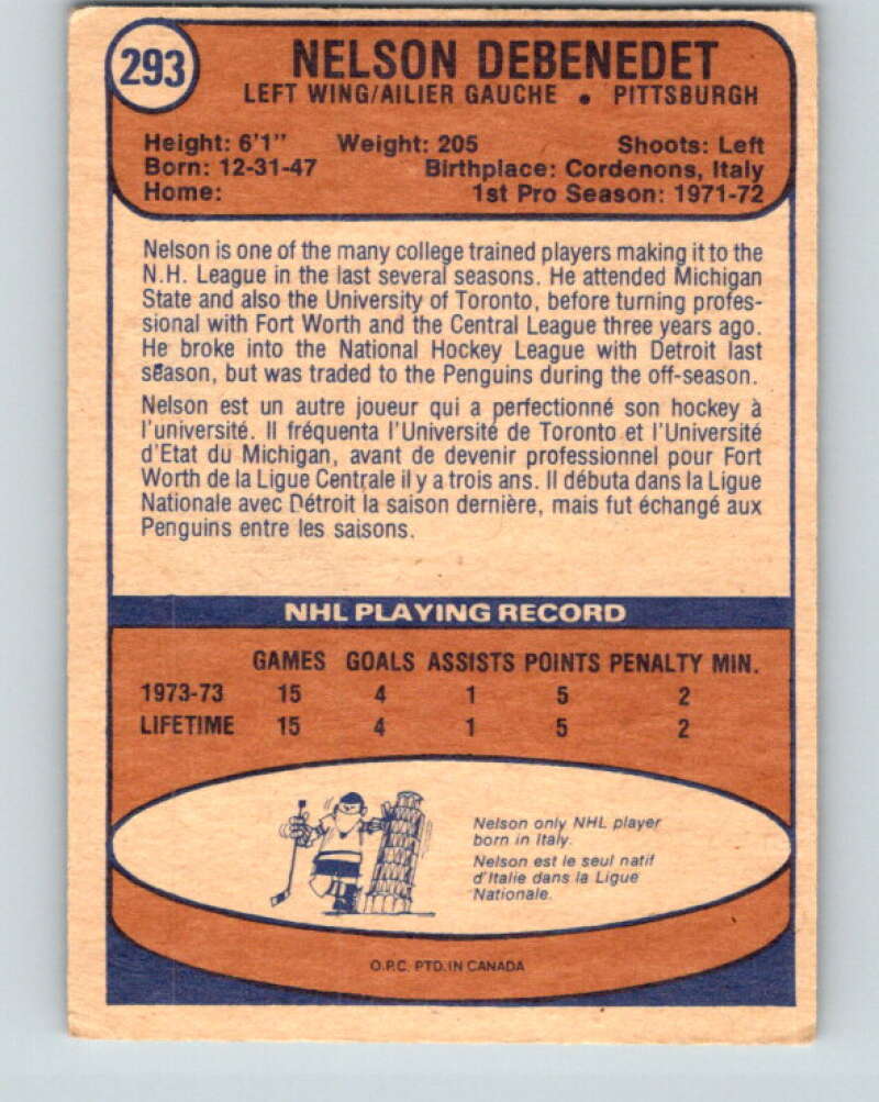 1974-75 O-Pee-Chee #293 Nelson DeBenedet  RC Rookie Pittsburgh Penguins  V4937