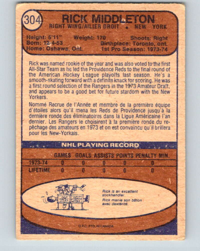 1974-75 O-Pee-Chee #304 Rick Middleton  RC Rookie New York Rangers  V4956
