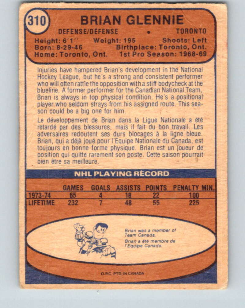 1974-75 O-Pee-Chee #310 Brian Glennie  Toronto Maple Leafs  V4970