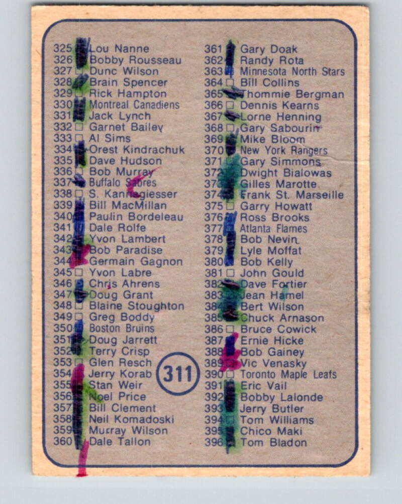 1974-75 O-Pee-Chee #311 Checklist UER   V4973