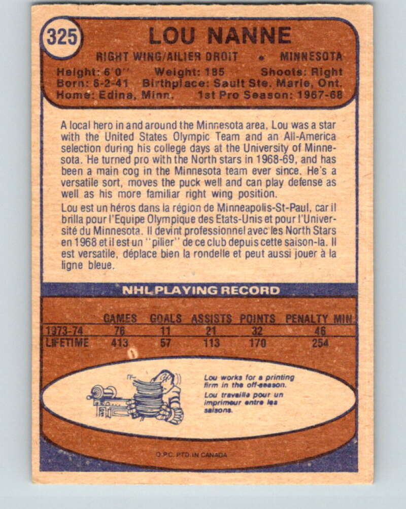 1974-75 O-Pee-Chee #325 Lou Nanne  Minnesota North Stars  V4997