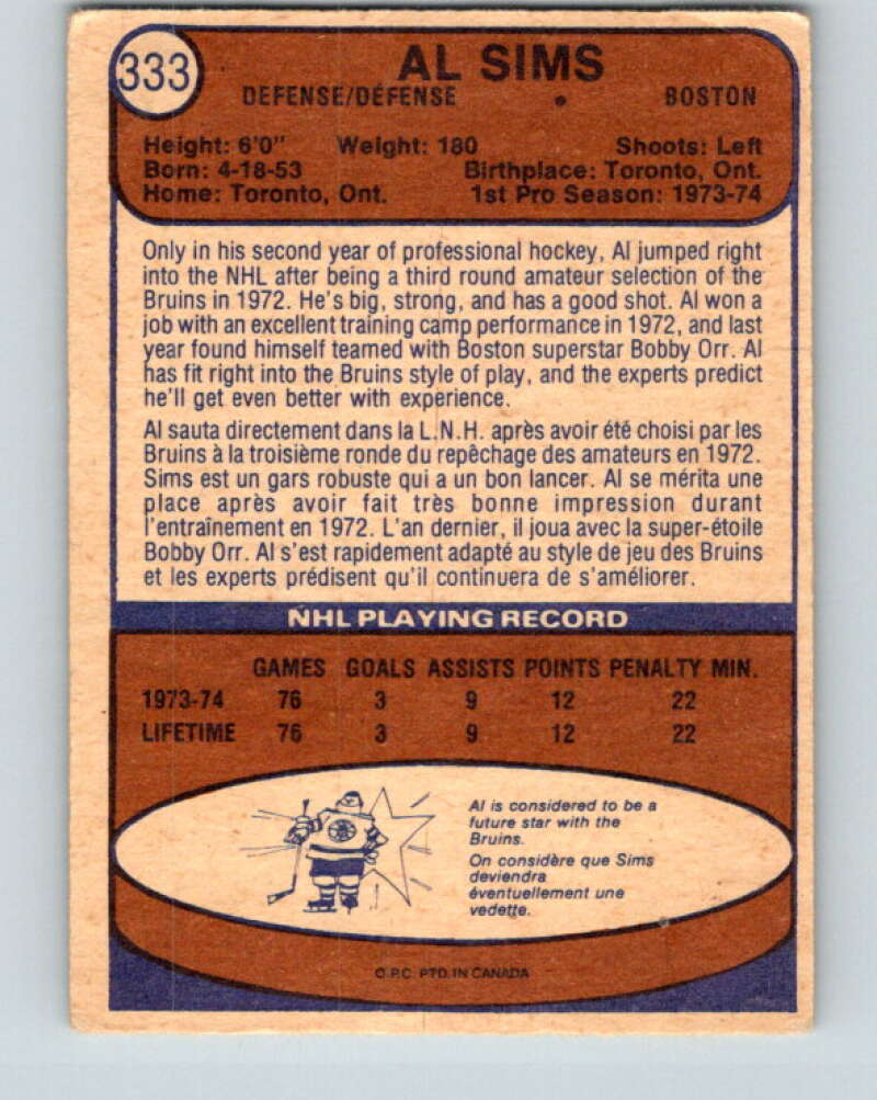 1974-75 O-Pee-Chee #333 Al Sims  RC Rookie Boston Bruins  V5009