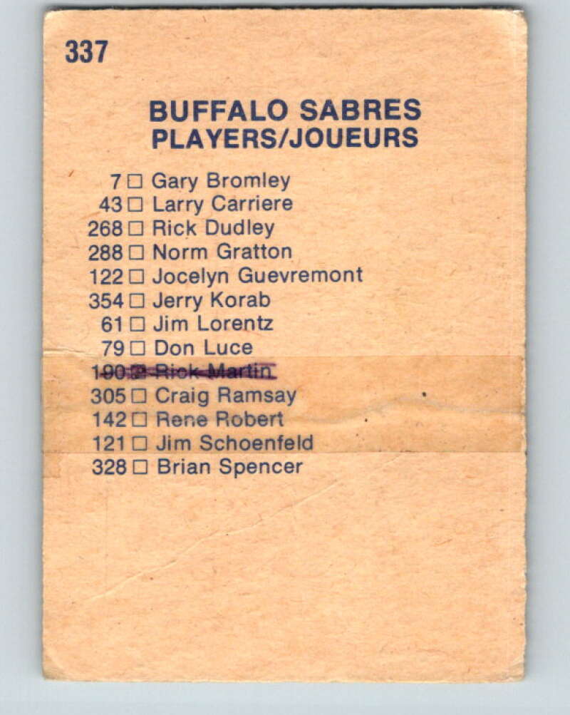 1974-75 O-Pee-Chee #337 Buffalo Sabres TC  Buffalo Sabres  V5016