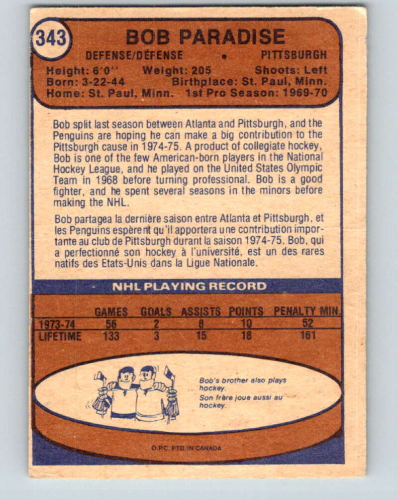 1974-75 O-Pee-Chee #343 Bob Paradise  RC Rookie Pittsburgh Penguins  V5027