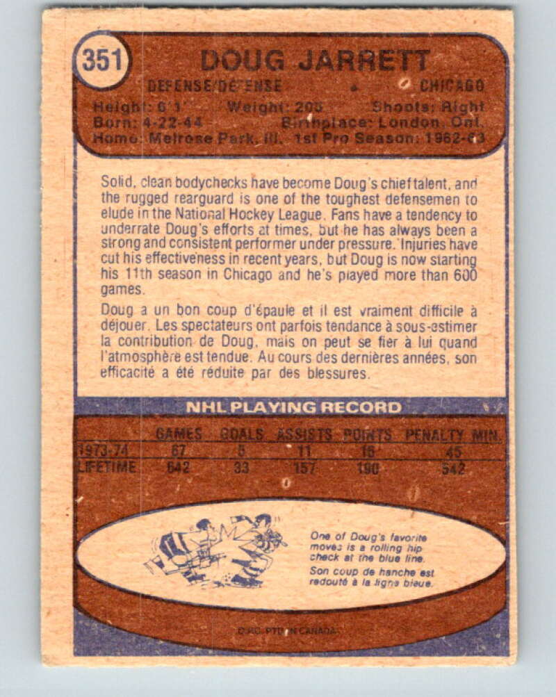 1974-75 O-Pee-Chee #351 Doug Jarrett  Chicago Blackhawks  V5046