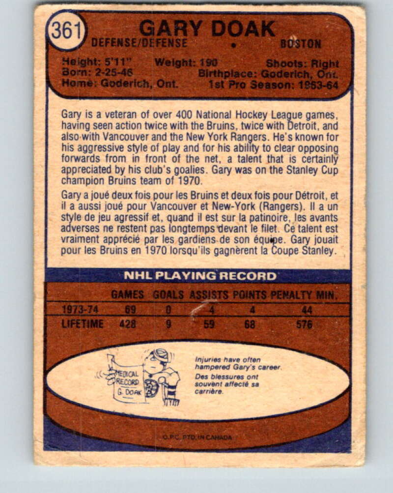 1974-75 O-Pee-Chee #361 Gary Doak  Boston Bruins  V5067