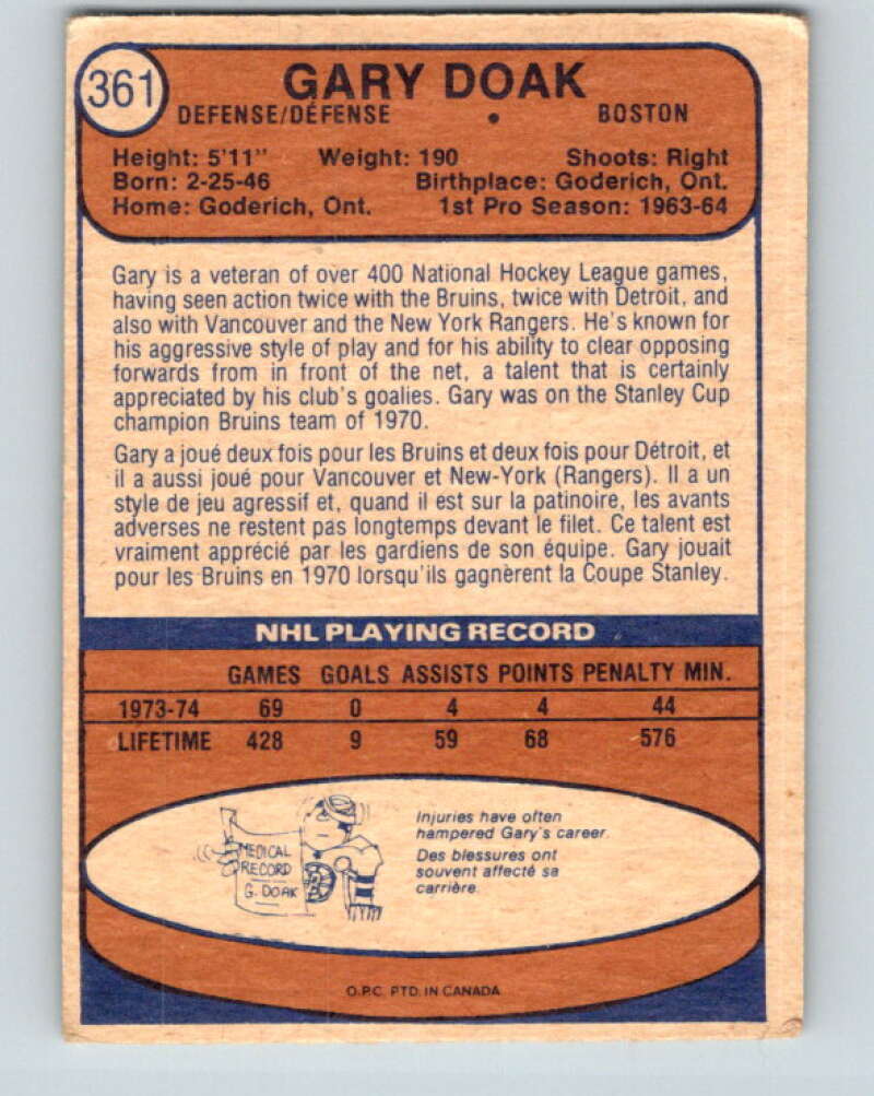 1974-75 O-Pee-Chee #361 Gary Doak  Boston Bruins  V5068