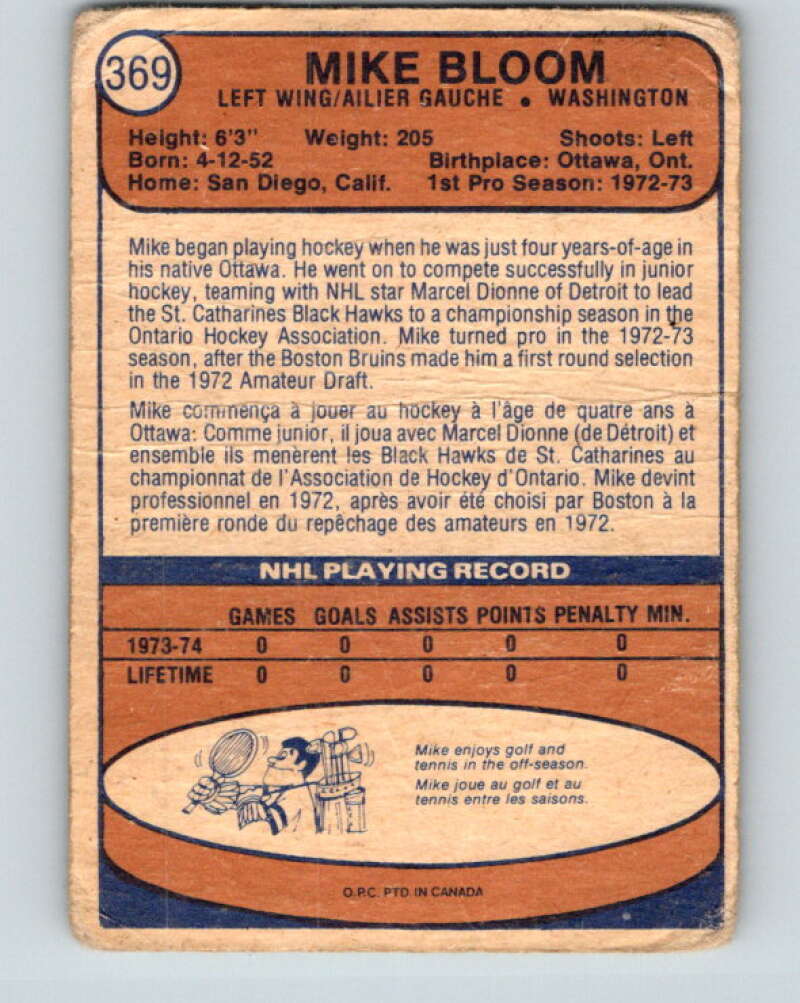 1974-75 O-Pee-Chee #369 Mike Bloom  RC Rookie Washington Capitals  V5085