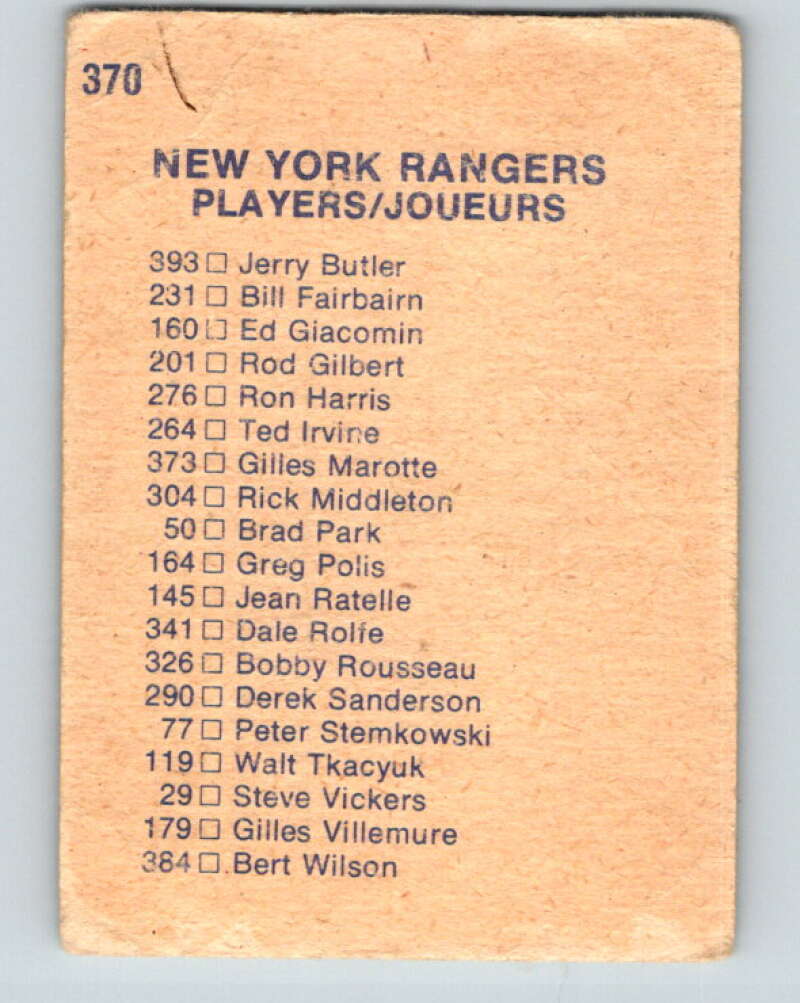1974-75 O-Pee-Chee #370 New York Rangers TC  New York Rangers  V5088